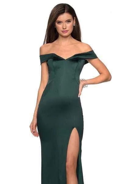 Discount Days La Femme - Off Shoulder High Slit Long Fitted Satin Dress 27752