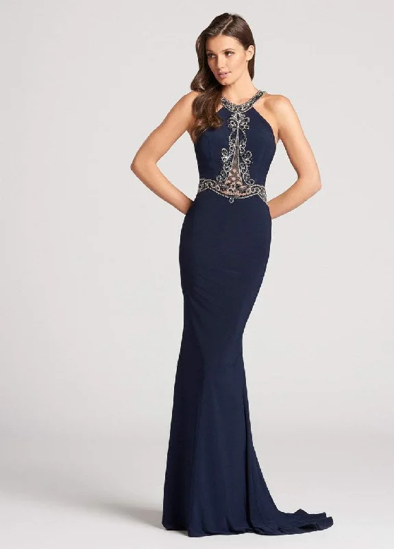 Anniversary Sale Ellie Wilde Beaded Illusion Paneled Halter Long Gown - 1 pc Navy In Size 8 Available Anniversary Sale Ellie Wilde Beaded Illusion Paneled Halter Long Gown - 1 pc Navy In Size 8 Available