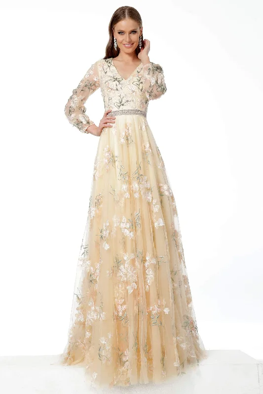 Price Blitz Jovani - Long Floral Ornate V-Neck A-Line Dress 65637 - 1 pc Beige In Size 16 Available Price Blitz Jovani - Long Floral Ornate V-Neck A-Line Dress 65637 - 1 pc Beige In Size 16 Available