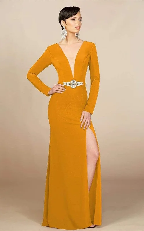 Lowest Price MNM Couture - M0006 Long Sleeve Plunging Column Slit Dress