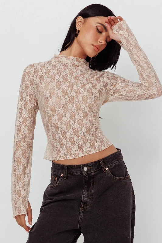 Limited Edition A La Mode Long Sleeve Lace Top Taupe