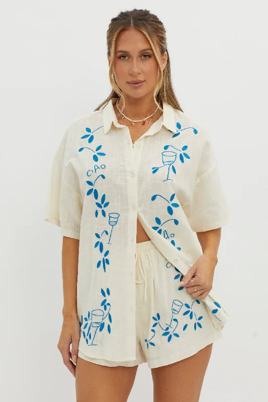Now or Never Ciao Ciao Embroidered Button-Up Shirt Beige