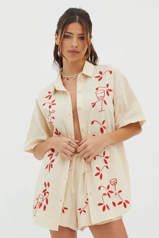 Savings Event Ciao Ciao Embroidered Button-Up Shirt Oat