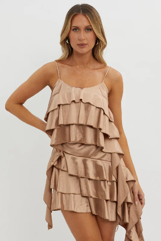Don't Miss Class Act Layered Ruffle Cami Top Taupe