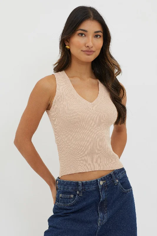 Low Prices D'Lila V-Neck Ribbed Knit Top Beige