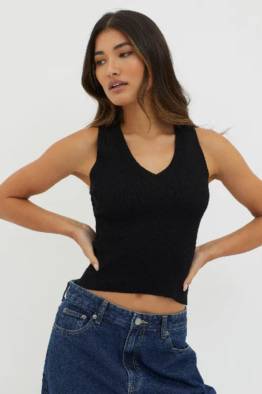 Extra Savings D'Lila V-Neck Ribbed Knit Top Black