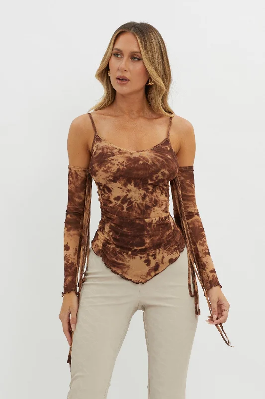 Fantastic Offers Elektra Off-Shoulder Mesh Top Brown