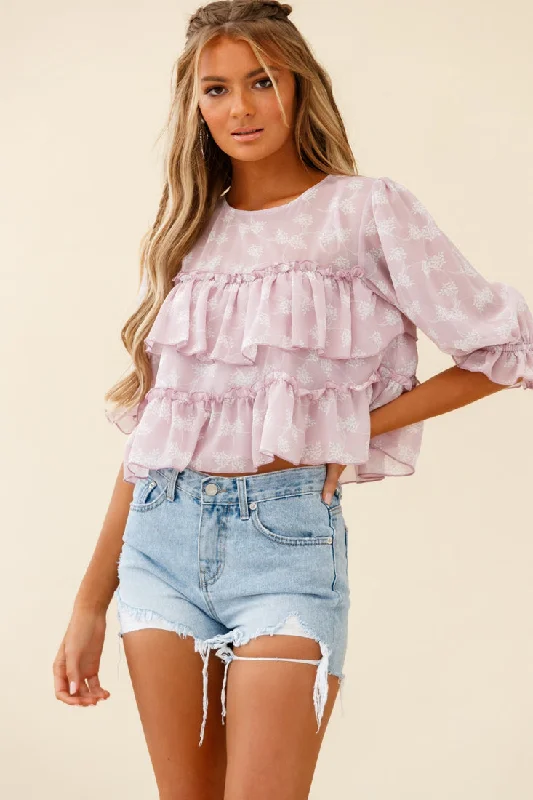 Final Markdown Float On By Layered Ruffle Crop Top Leaf Print Pink