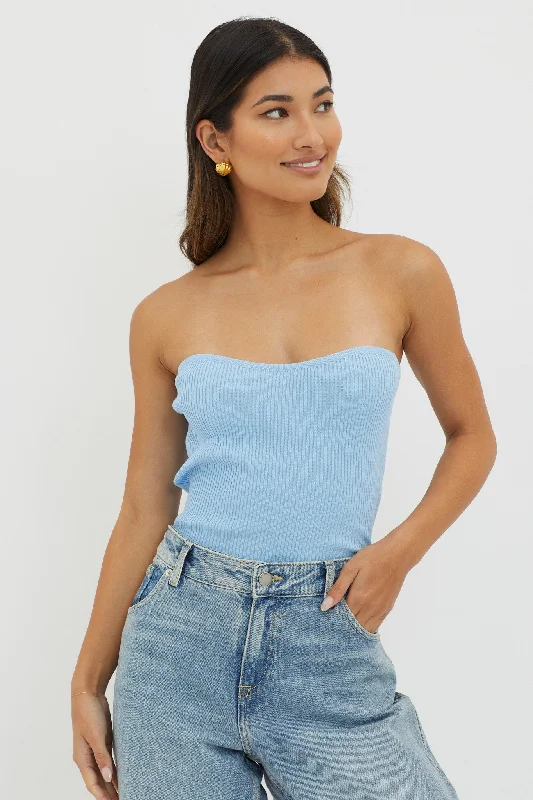 Don't Wait Flora Strapless Knit Top Blue