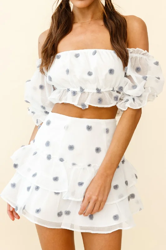 Unbeatable Prices Krista Off-Shoulder Puff Sleeve Pompom Crop Top White/Blue