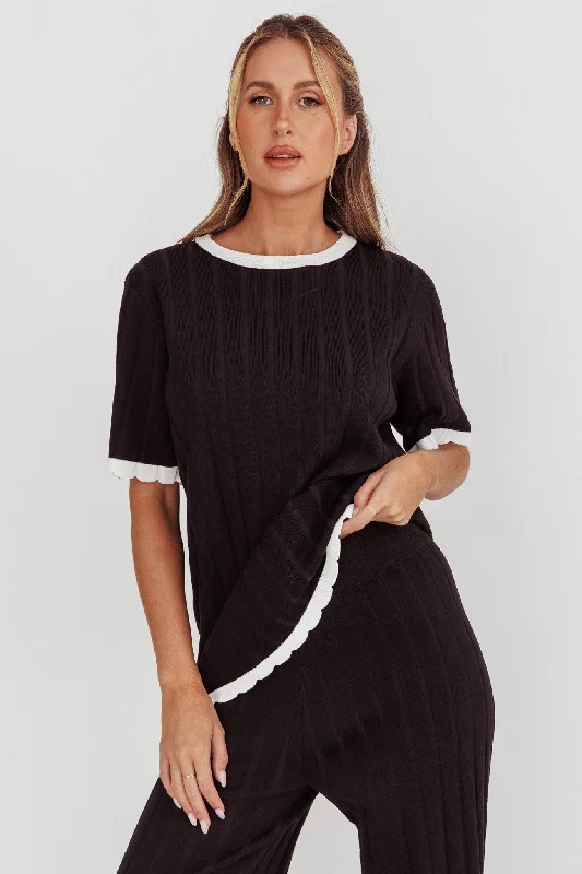 Instant Discount Liloh Contrast Trim Ribbed Knit Top Black