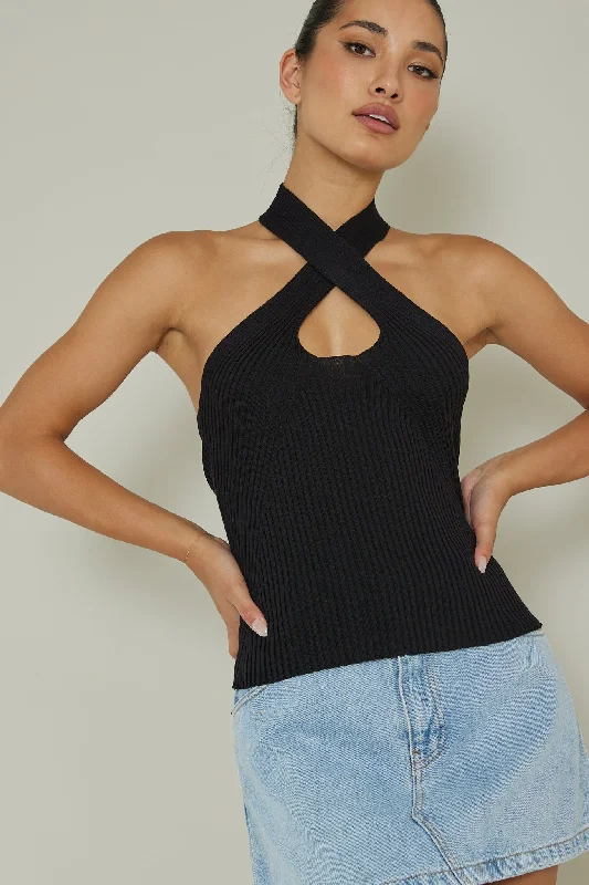 Hot Deal Lou Cut-Out Halter Top Black