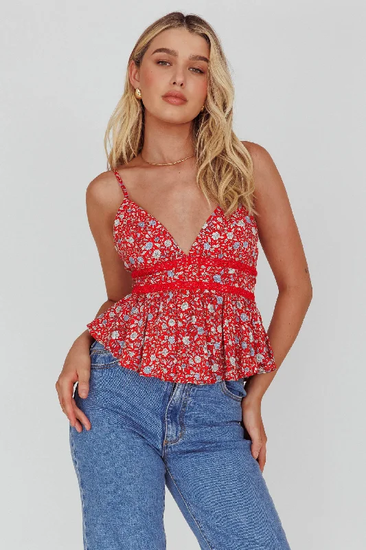 New Deals Marigold Crochet Trim Top Floral Red