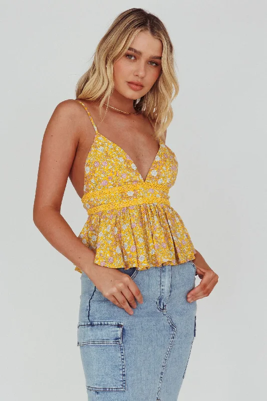 Discount Days Marigold Crochet Trim Top Floral Yellow