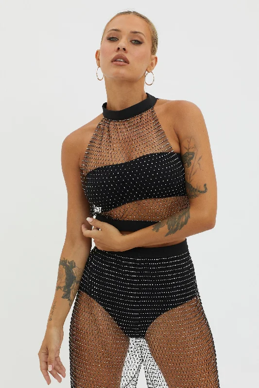 Instant Discount Moon Rock Diamante Mesh Top Black