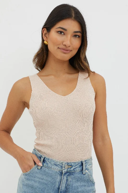 Crazy Savings Off-Duty V-Neck Ribbed Knit Top Beige