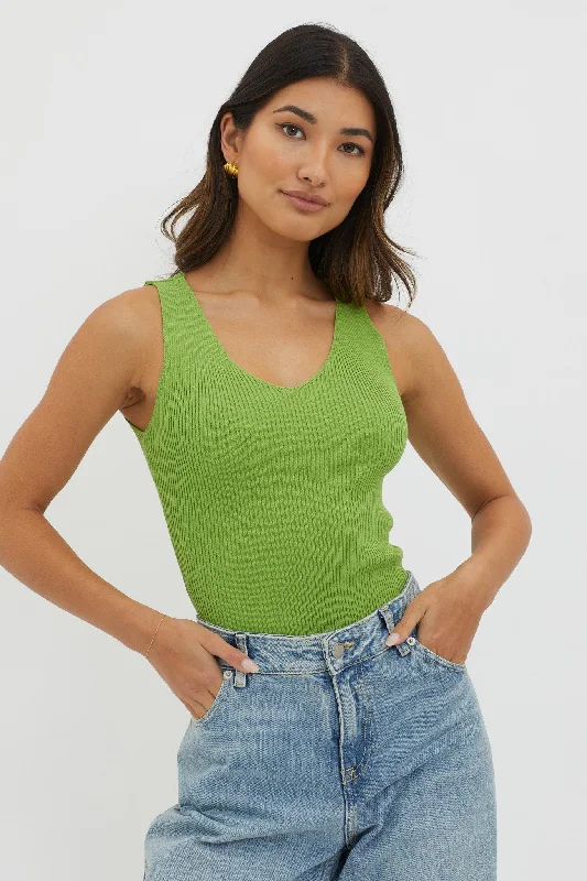 Final Sale Off-Duty V-Neck Ribbed Knit Top Green