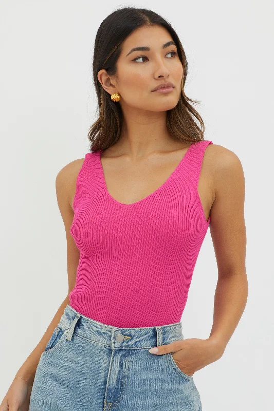Amazing Deals Off-Duty V-Neck Ribbed Knit Top Hot Pink