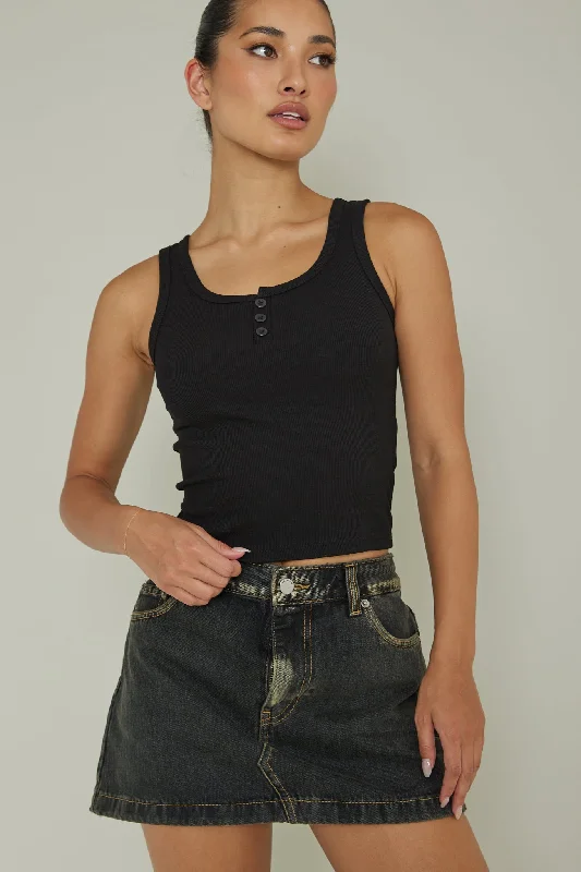 Special Offer Recess Thick Strap Ribbed Top Black