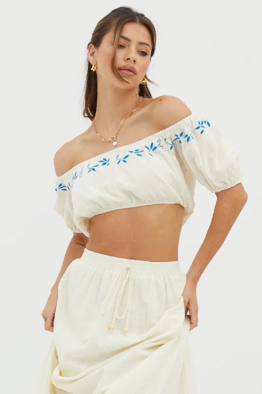 Special Savings Ritual Puff Sleeve Embroidered Crop Top Beige