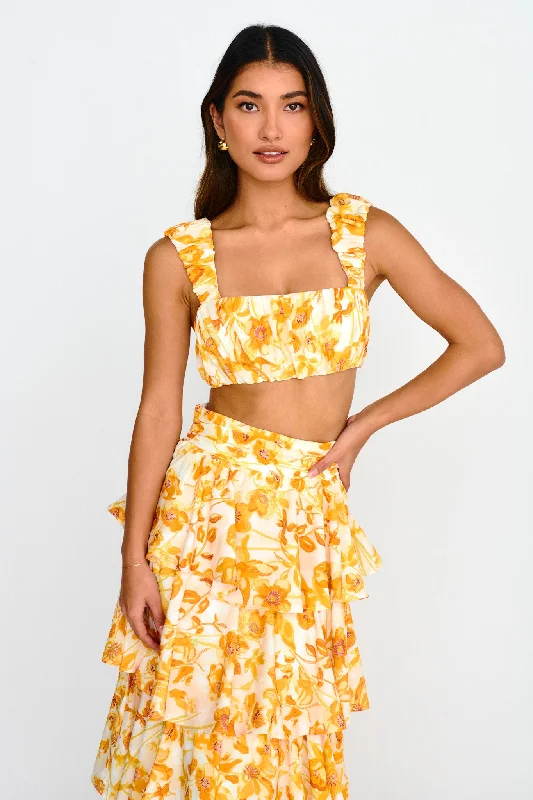 Special Price Suenito Gathered Crop Top Floral Orange