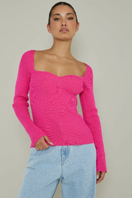 Best Bargains Switch Focus Long Sleeve Knit Top Hot Pink