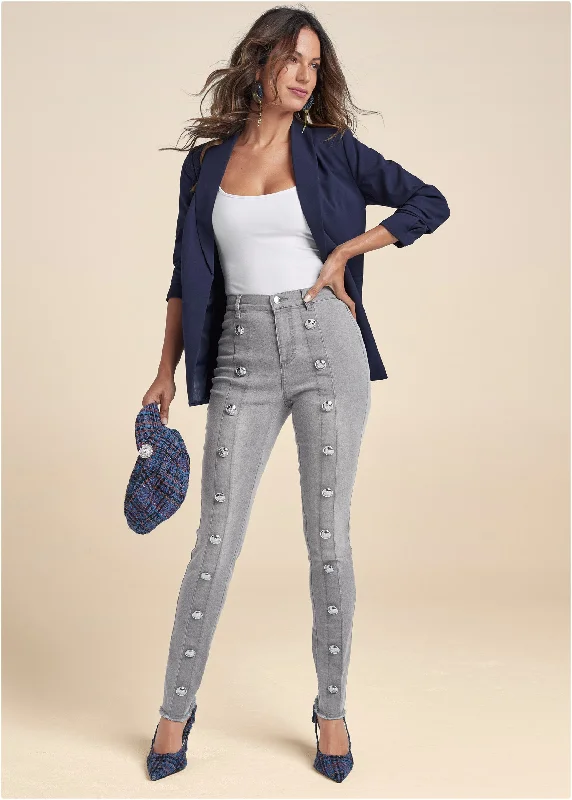Limited Availability High Rise Button Detail Skinny Jeans - Grey Denim