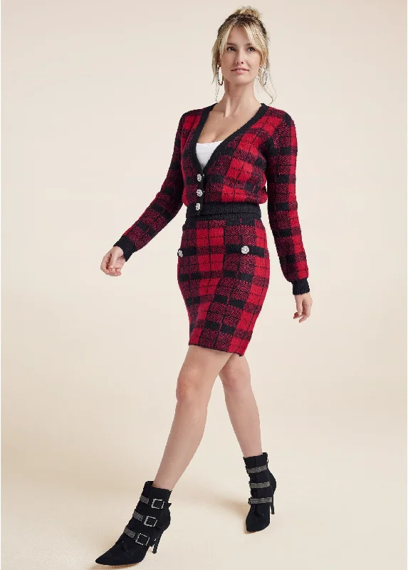 Shop and Save Plaid Sweater And Skirt Set - Black & Red
