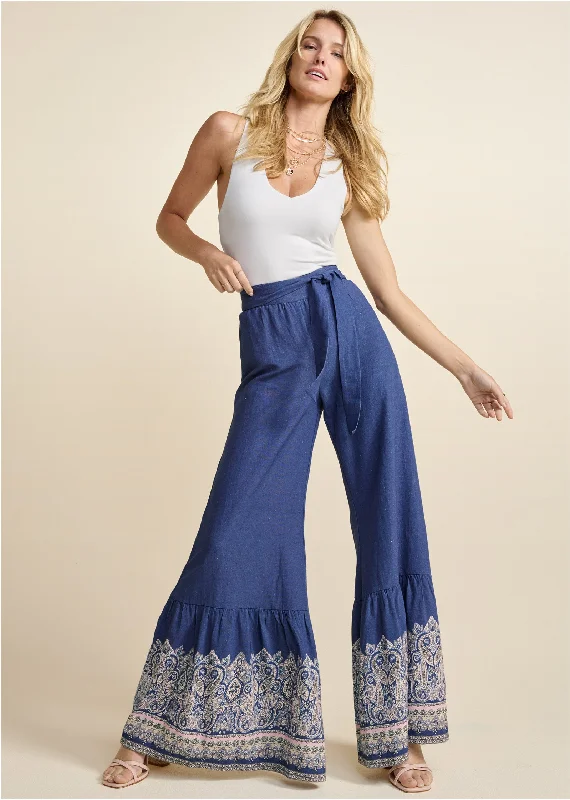 Midnight Madness Linen Border Print Pants - Navy Multi