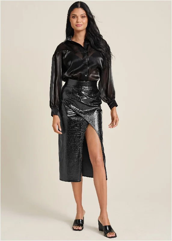 Online Only Faux-Croc Wrap Skirt  - Black