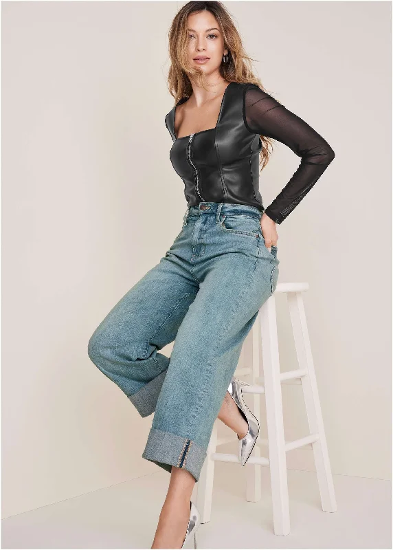 Season Finale Sale Rolled Hem Wide Leg Jeans - Light Wash
