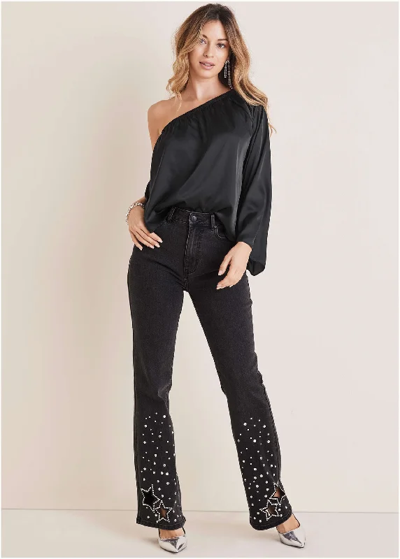 Can't Miss Rhinestone Embellished Jeans - Black Wash