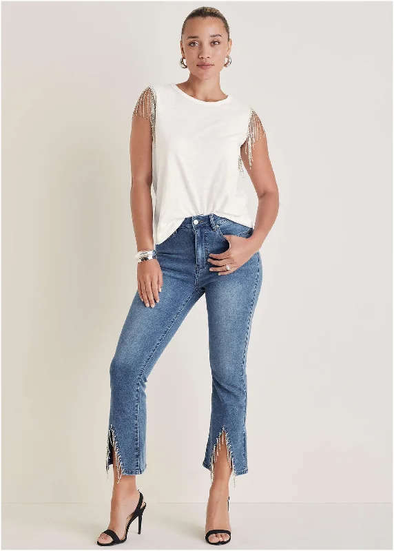 Price Drop Alert Rhinestone Kick Flare Jeans - Medium Wash