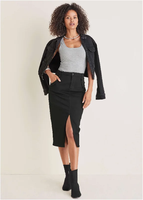 Today’s Deal Ruffle Denim Midi Skirt - Black