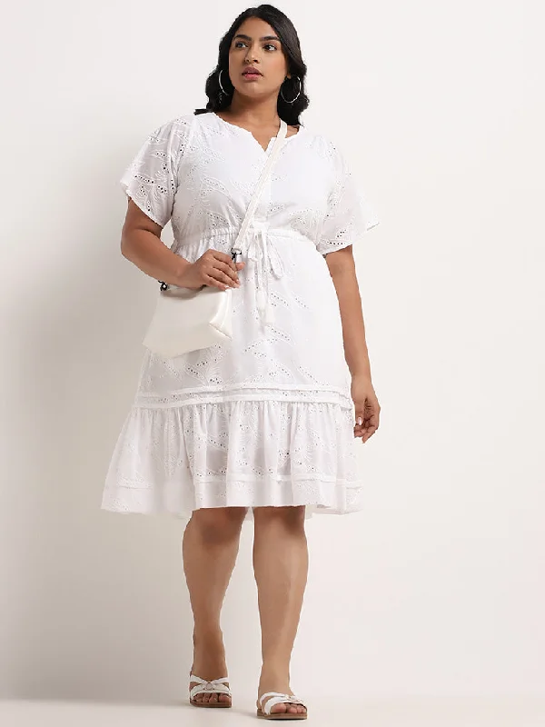 Don't Wait Gia White Schiffli Design Cotton Tiered Dress
