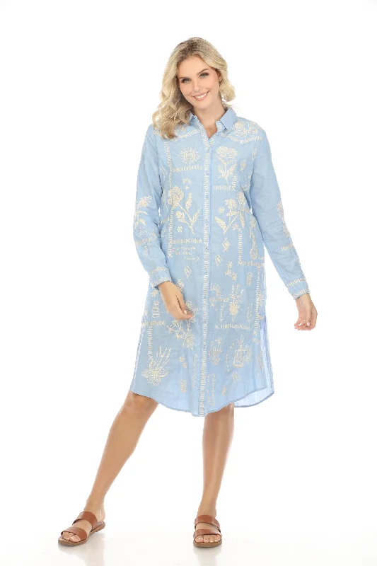 Midnight Madness Johnny Was Workshop Blue Embroidered Midi Shirt Dress Boho Chic W29424