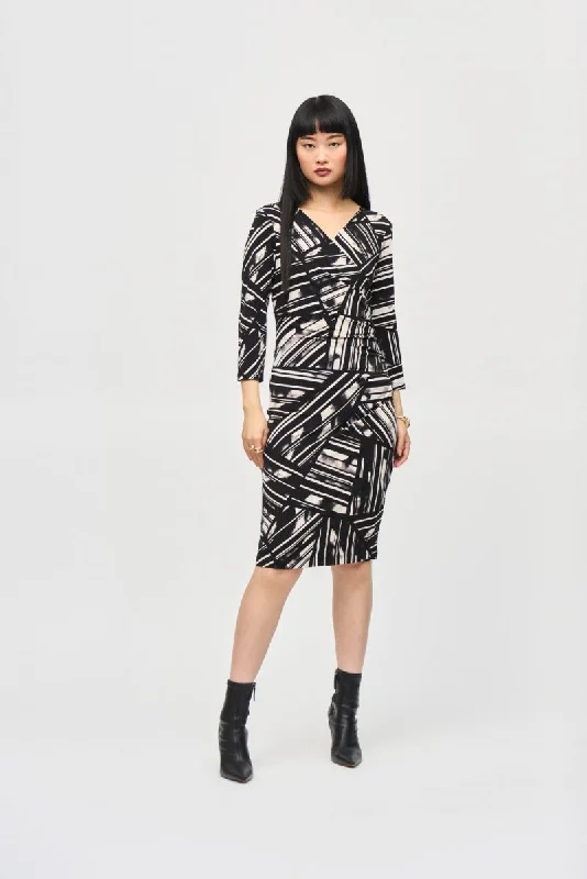 Special Price Joseph Ribkoff Black/Multi Abstract Stripe Faux Wrap Sheath Dress 243322