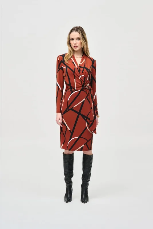 Price Rollback Joseph Ribkoff Cinnamon/Multi Abstract Print Faux Wrap Sheath Dress 243319