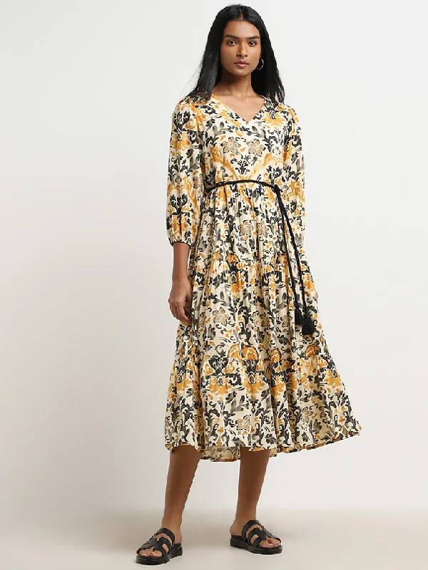 Limited Time Offer LOV Beige Floral Printed Tiered Dress with Belt