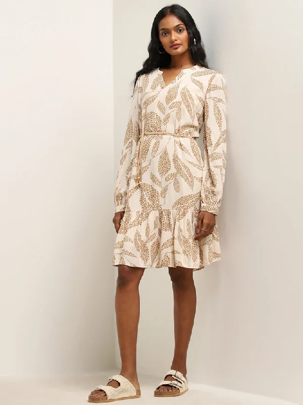New Deals LOV Beige Leaf Printed Tiered Dress with Belt