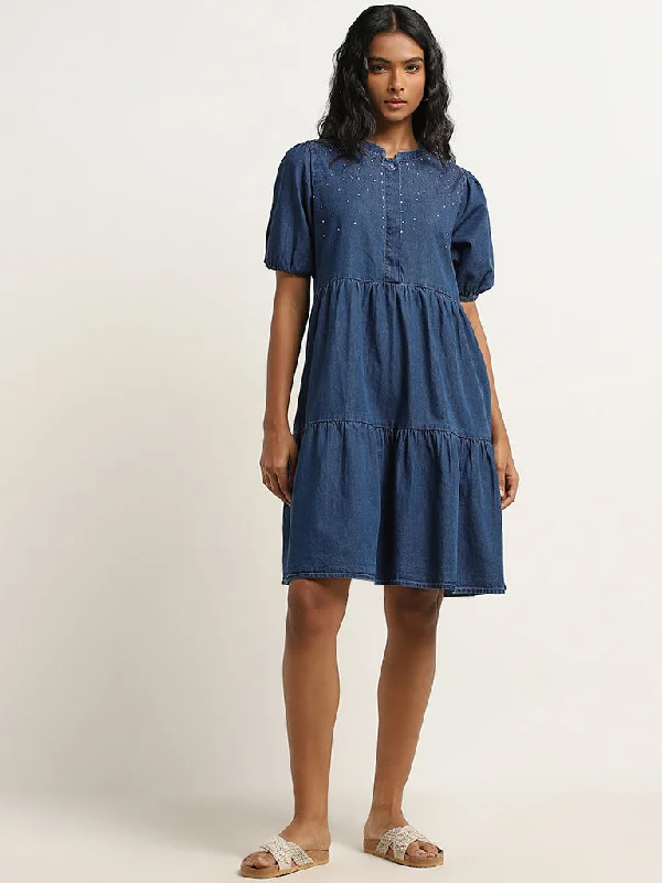 Sale Event LOV Dark Blue Diamante Detailed Denim Tiered Dress