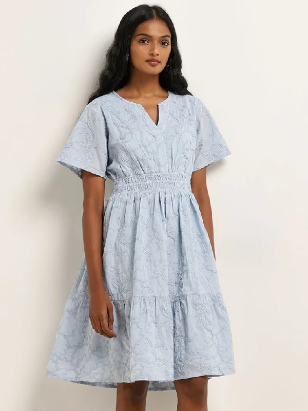 Midnight Madness LOV Light Blue Embroidered Tiered Cotton Dress