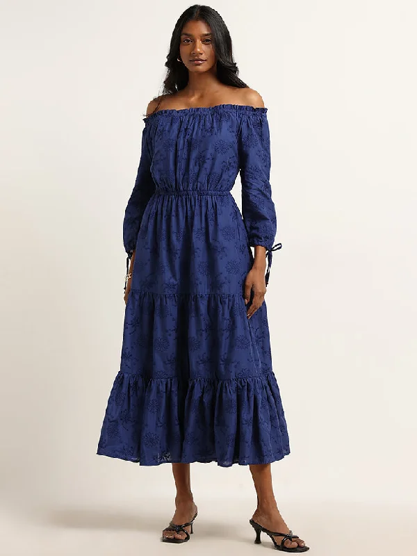 Lowest Price LOV Navy Schiffli Design Cotton Tiered Dress