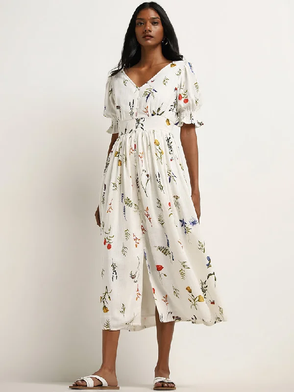 Reduced Prices LOV Off-White Floral Printed A-Line Blended Linen Dress