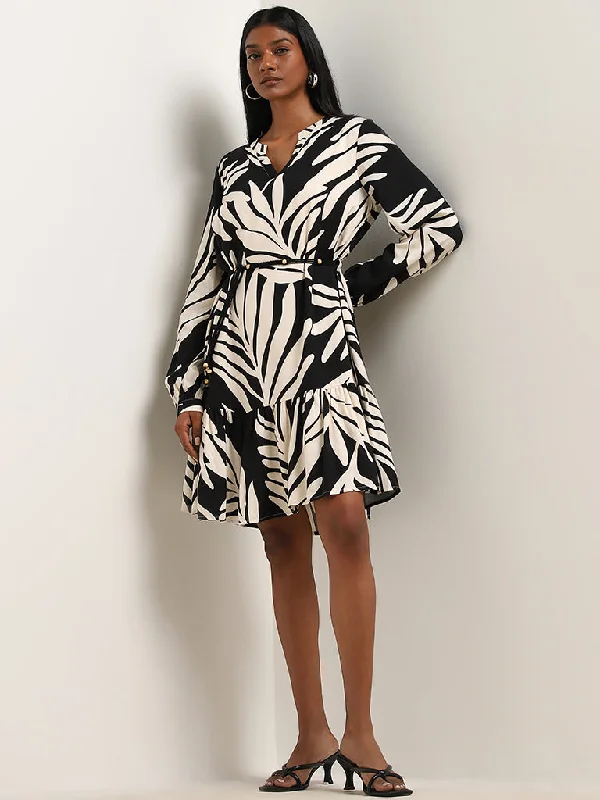 Deep Discounts LOV Off-White Leaf Design Drop Waist Dress with Belt