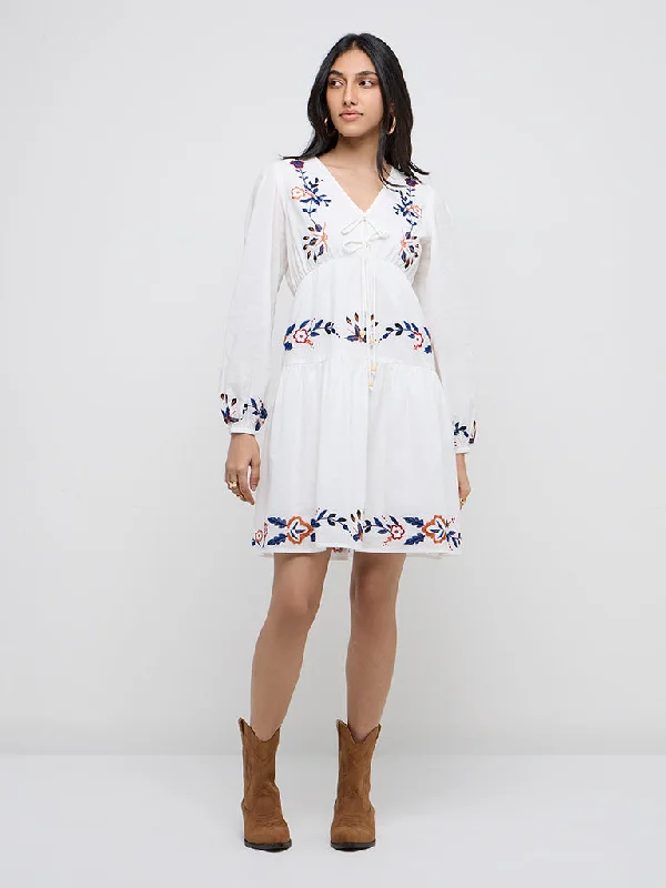 Massive Deals LOV White Embroidered Cotton A-Line Dress