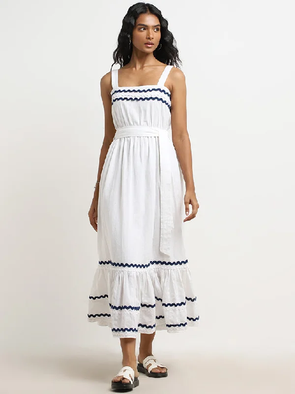 Stock Clearance LOV White Embroidered Tiered Cotton Dress with Belt