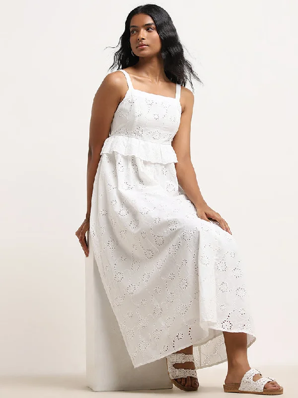 Low Prices LOV White Schiffli Design A-Line Cotton Dress