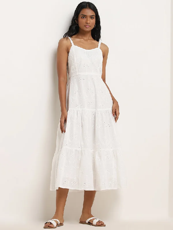 Today’s Deal LOV White Schiffli Design Tiered Cotton Dress