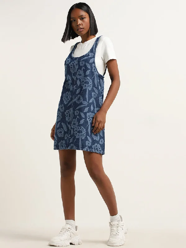 Online Only Nuon Blue Floral Patterned Straight Cotton Dress